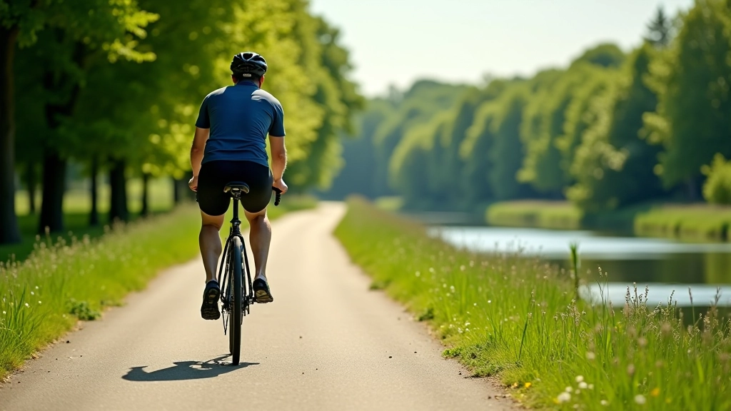 Scenic riverside cycling path with lush green trees and blue water in background