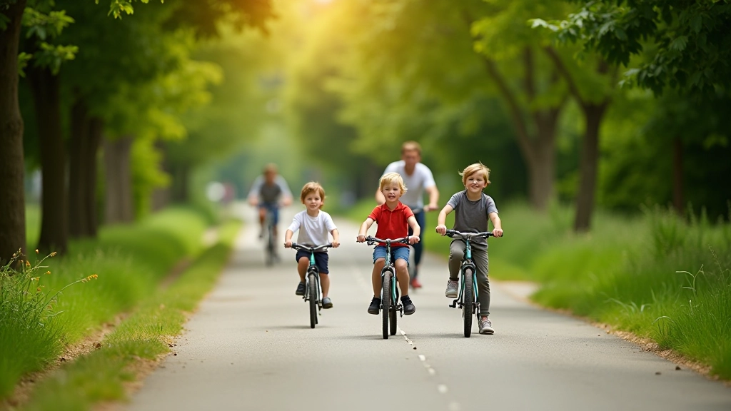 Family with children riding bikes on a safe, tree-lined path in a park setting