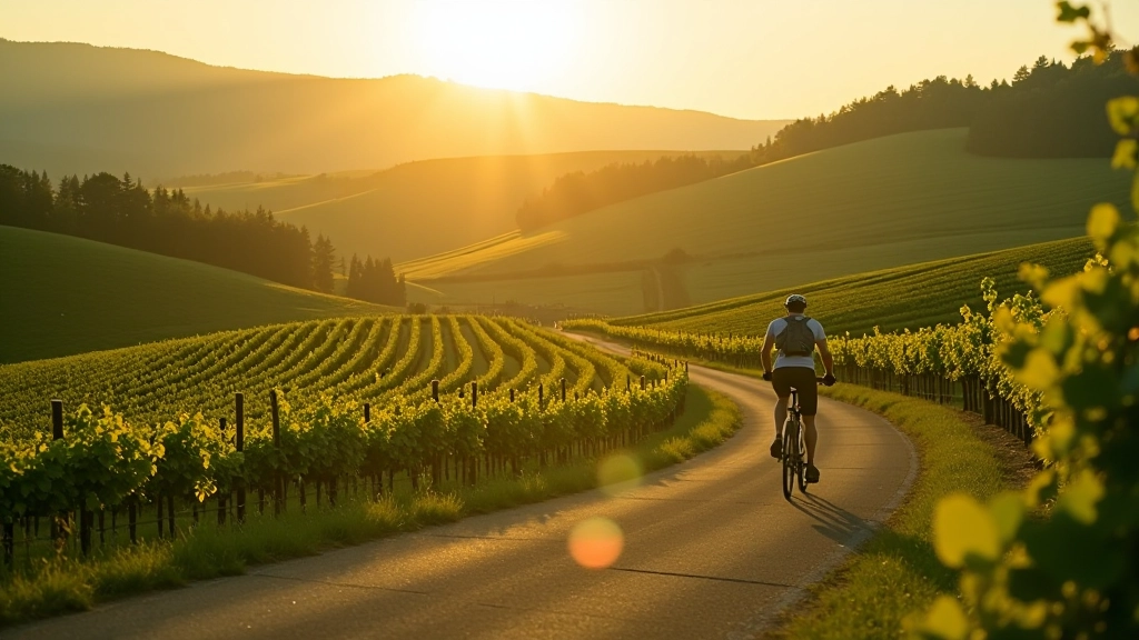 Vineyard landscape with rolling hills and a cyclist on a path between wine regions